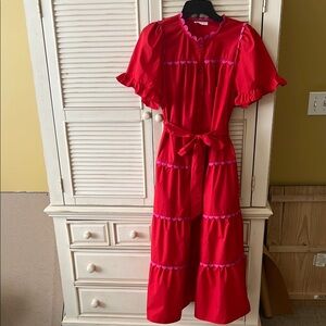 Entro Red Flutter Sleeve Tiered Maxi Dress